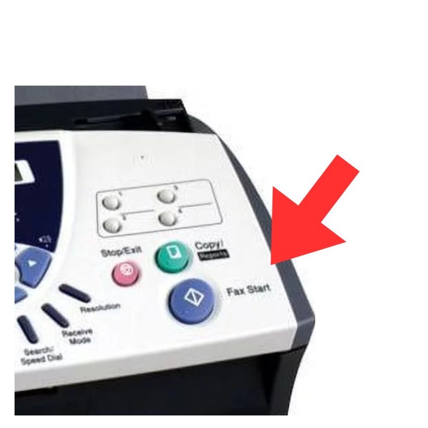 Red arrow pointing the the Fax Start button on a fax machine. 