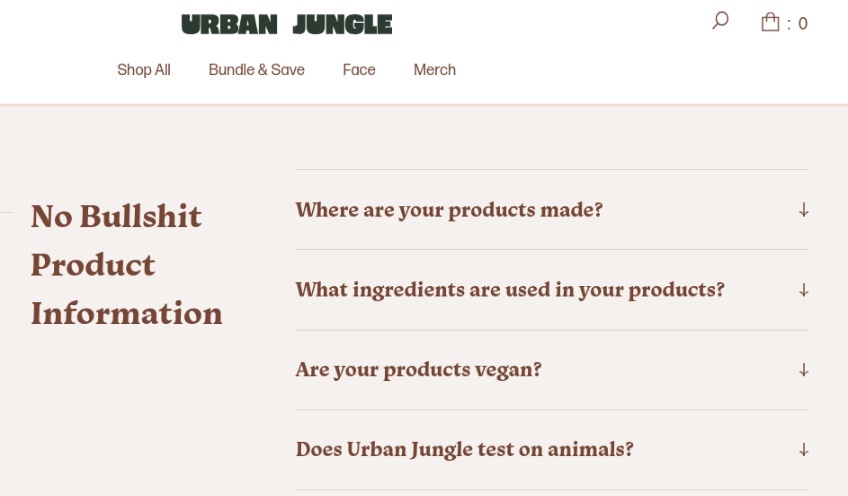 Urban Jungle website with example of an accordion menu for product information, with four questions that have arrows to expand for answers. 