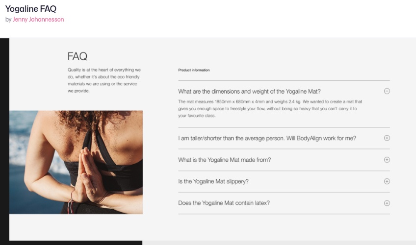 Yogaline website with the FAQ page as an example of an accordion menu for product information with five questions and the first question expanded to show the answer. 