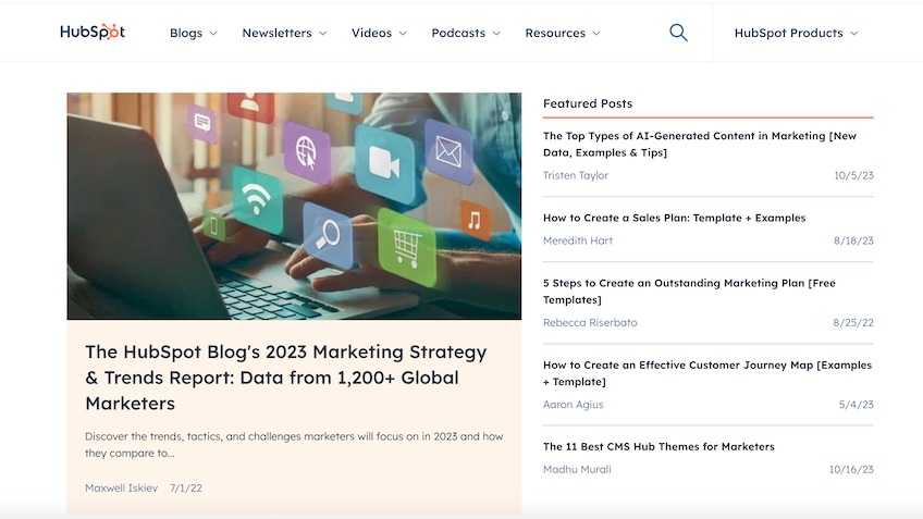 HubSpot blog homepage. 