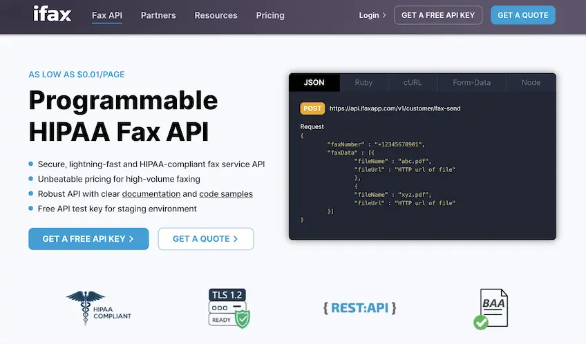 iFax API landing page showing a sample with JSON code