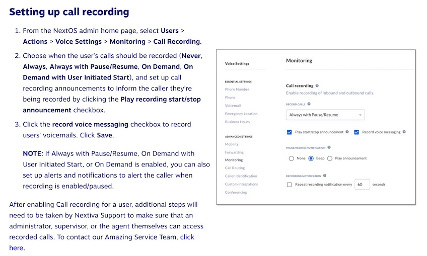 Three steps to set up call recording with Nextiva. 