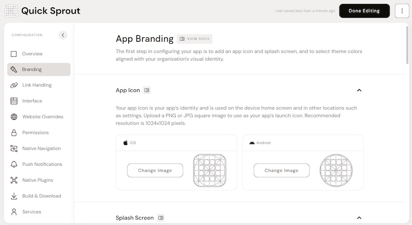 App Branding configuration page, showing selections for iOS and Android App Icons.