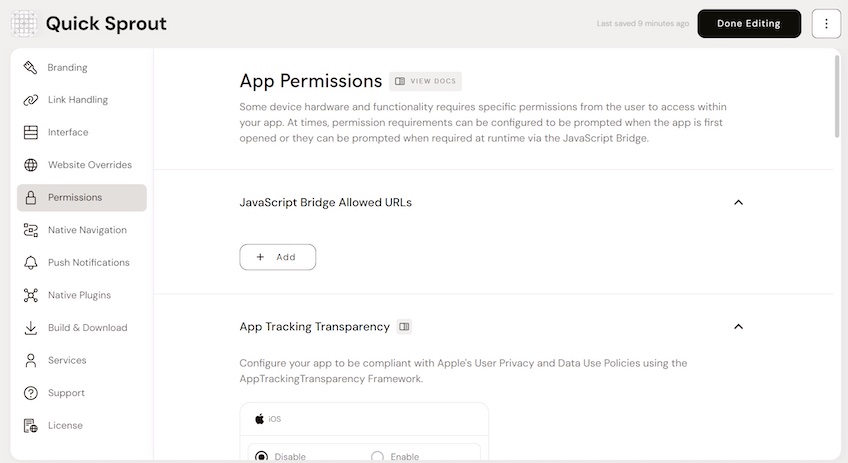 Settings interface for App Permissions on the Median platform.