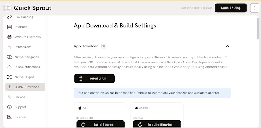 Median’s interface for rebuilding and downloading an application.