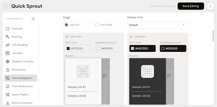 Median’s Native Navigation settings, featuring a side navigation bar and style options.