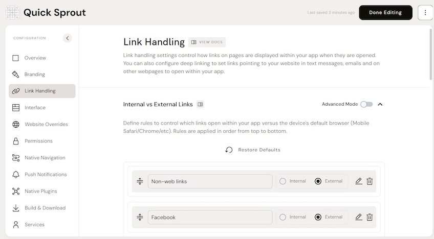 Median’s Link Handling configuration page, showing the Internal vs External links section.