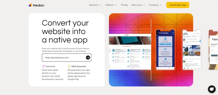 Median’s homepage, which reads: Convert your website into a native app.