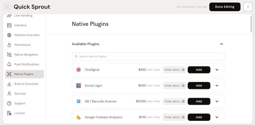 Native Plugins offered through Median, including OneSignal, Social Login, QR / Barcode Scanner, and Google Firebase Analytics.