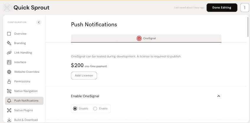 Median's Push Notifications configuration page with selection to enable OneSignal. 