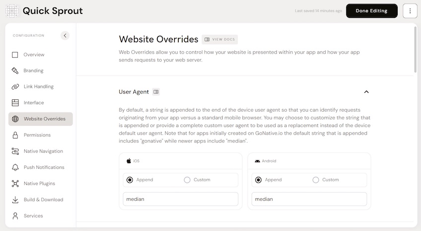 Median’s Website Overrides configuration page, showing the User Agent section.