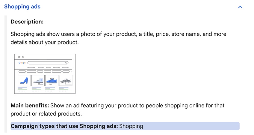 Shopping ads description, main benefits, and campaign types that use Shopping ads. 