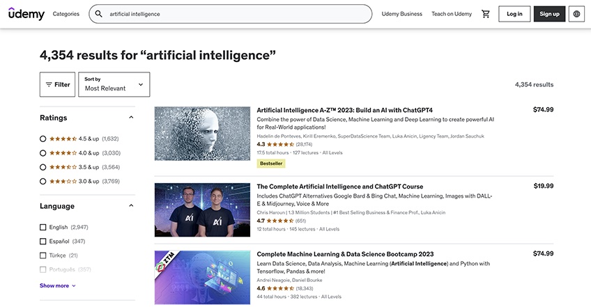 Udemy course list on a search results page for artificial intelligence. 