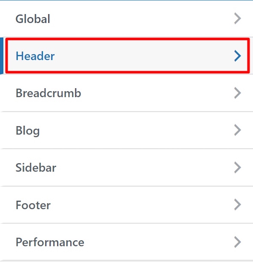 Customize page in WordPress with the Header option shown. 