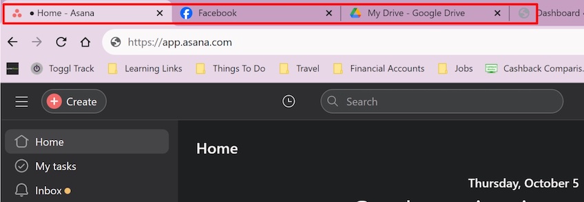Google Chrome browser with four tabs open and three of them circled in red, including Asana, Facebook, and Google Drive. 