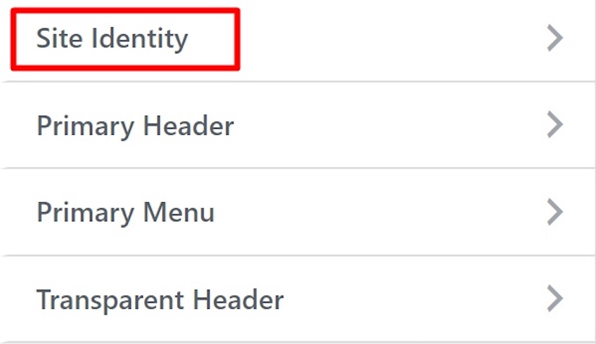 Header Options menu in WordPress with a red box around the Site Identity selection. 