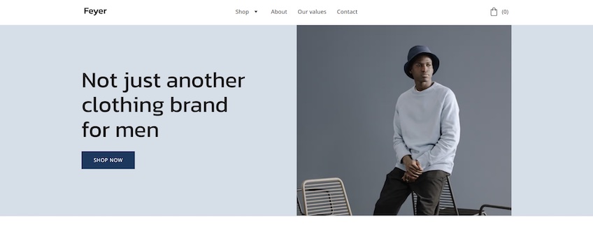 Feyer template with a person dressed in a sweater and long pants next to text that reads "Not just another clothing brand for men" and a "Shop Now" button. 