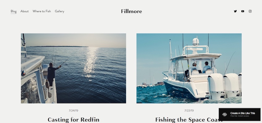 Fillmore template with two images, one is of a person fishing off a boat and the other is a boat with two people seated on it. 