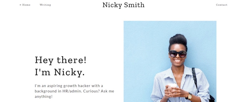 Nicky Smith template with an about page and picture of person.