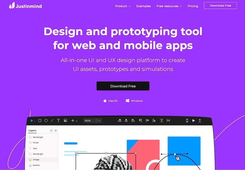 Justinmind homepage with text that reads "Design and prototyping tool for web and mobile apps" and a button to "Download Free." 