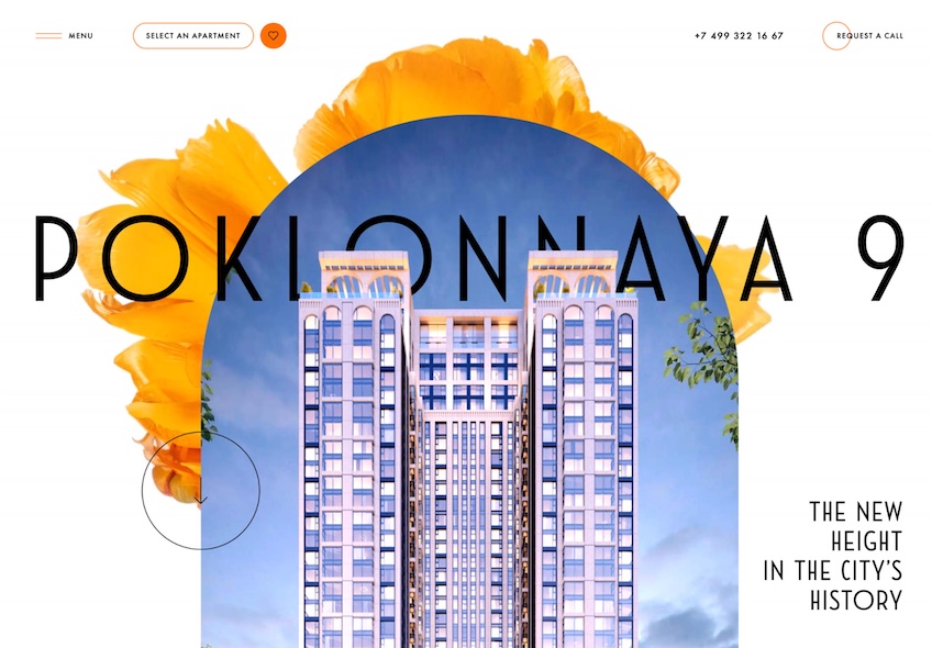 Poklonnaya 9 homepage with the site name and a tall building displayed against a blue sky. 