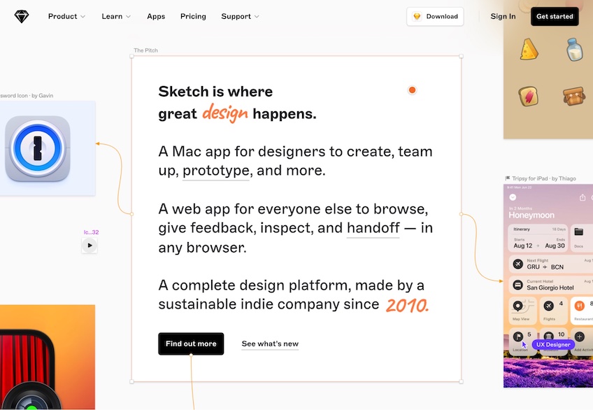 Sketch homepage with a note pad type message displayed and a find out more button. 
