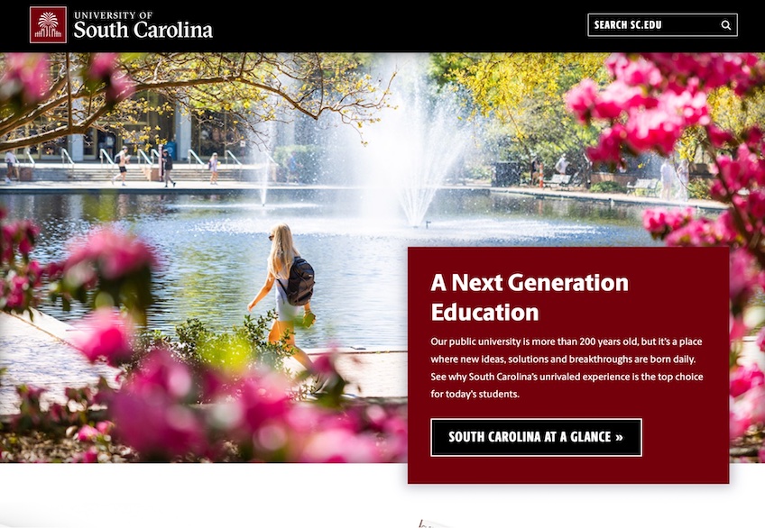 University of South Carolina homepage with a red box that gives info on the school and a button to view the school at a glance. 