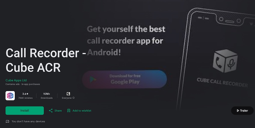 Google Play Store screenshot for the Call Recorder- Cube ACR app. 