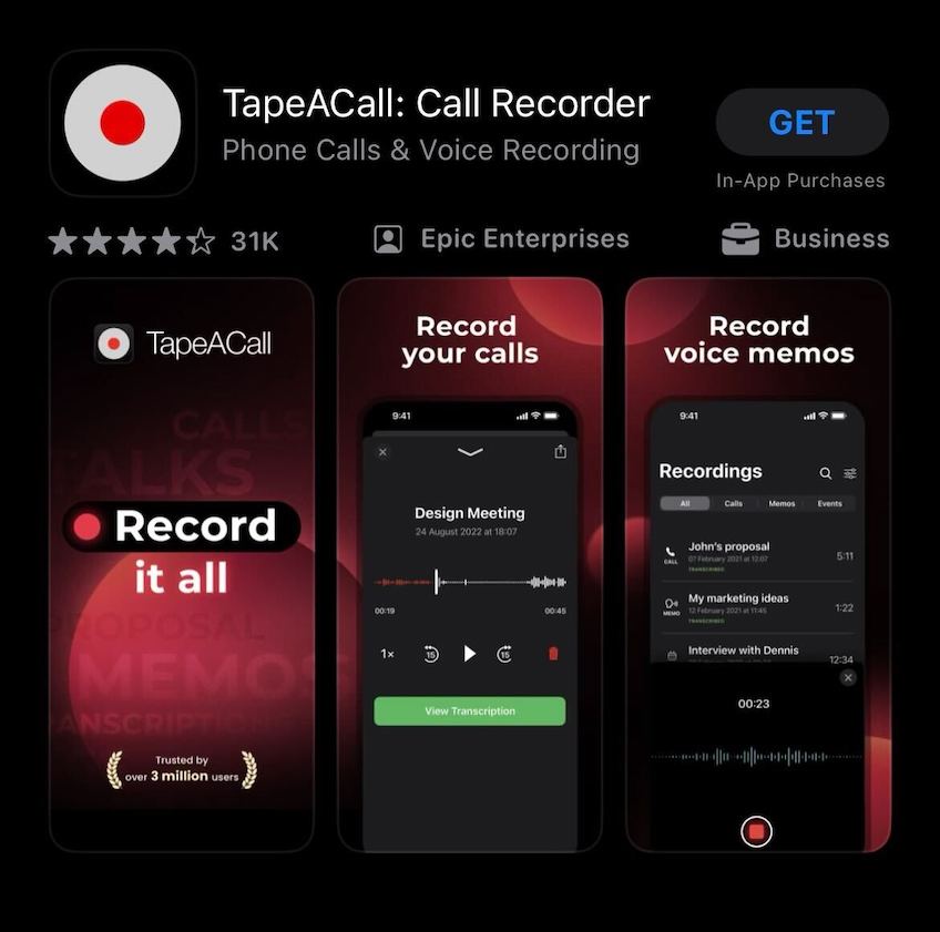 Screenshot of the app information page for TapeACall on the Apple App Store. 