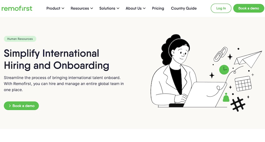 Remofirst’s human resources landing page highlighting international hiring and onboarding with an animated drawing of a woman using a computer.
