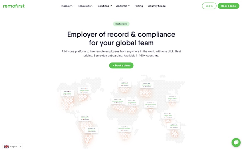 Remofirst homepage with a world map showing employees on six continents. 