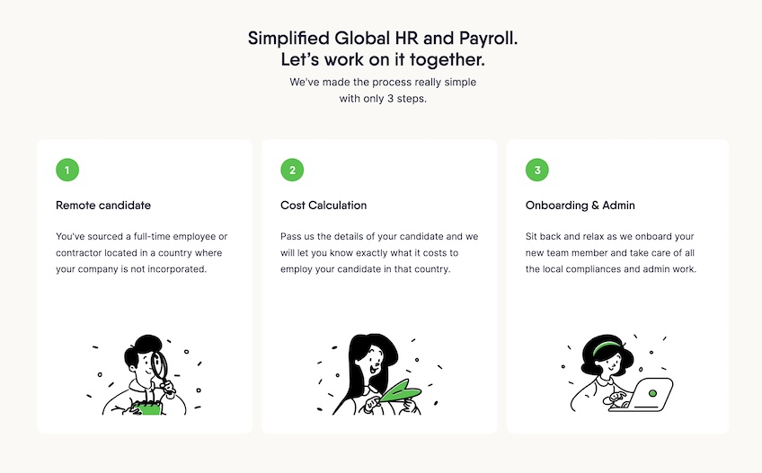 Screenshot showing how Remofirst supports onboarding and payroll in three steps. 