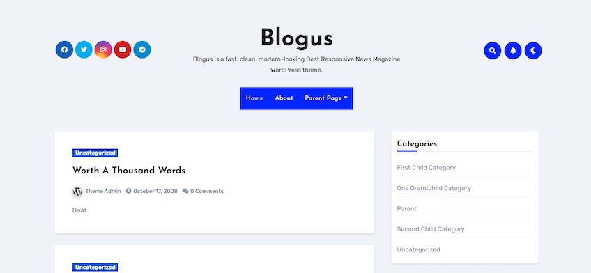 Blogus website template from Bluehost with a blog style design and a categories list displayed. 