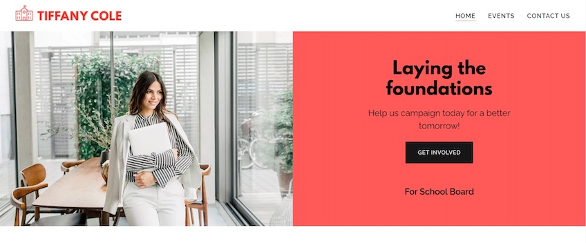 Tiffany Cole template from GoDaddy with a design for non-profits that includes a hero image and a headline.