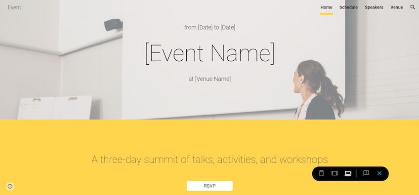 Google Sites template for events with options to fill out a brief description and include speakers and location of event. 