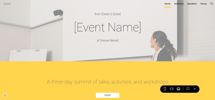 Google Sites template for events with options to fill out a brief description and include speakers and location of event.