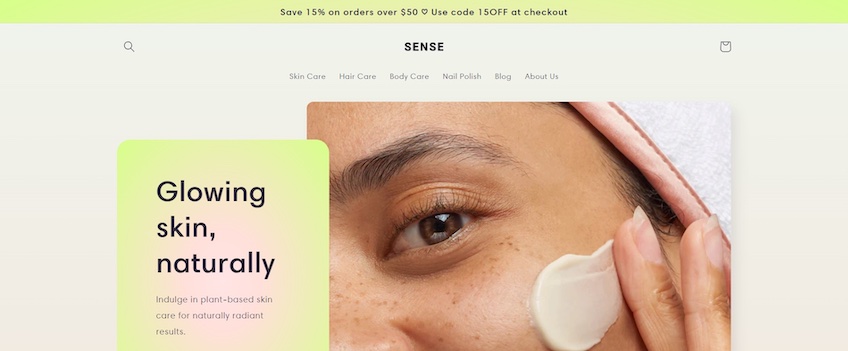 Shopify Sense template for a skincare site with a picture of a person applying a skin care product.