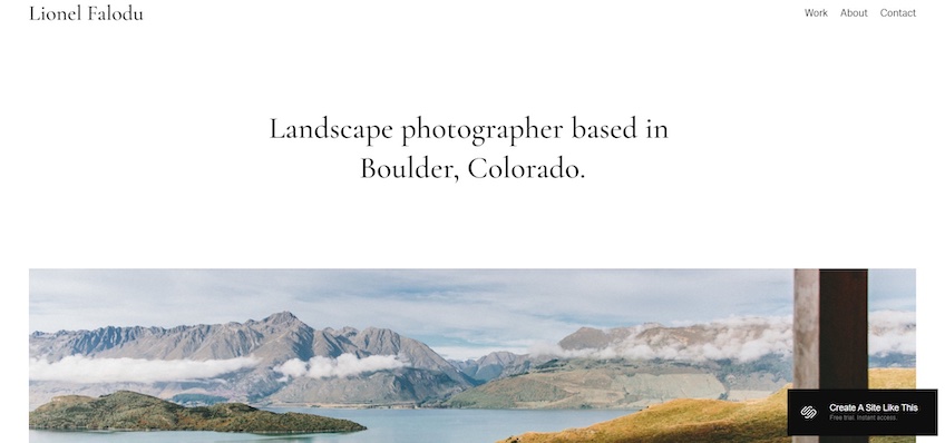 Falodu template from Squarespace with simple text and a large picture of Boulder, Colorado. 