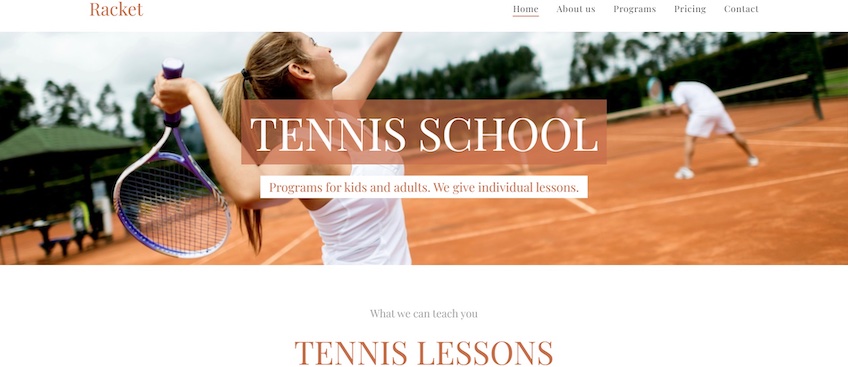 Tennis School template from Webnode with picture of someone serving tennis ball. 