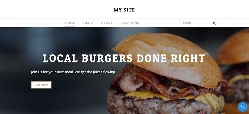 Burger Shop template from Weebly with a picture of a bacon cheeseburger and button to view menu. 