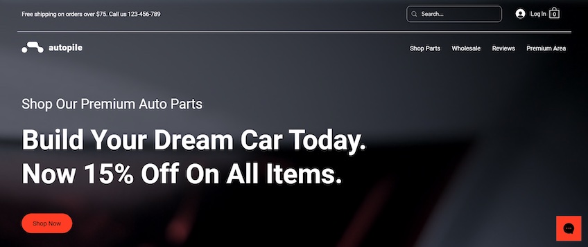 Wix Auto Parts Store template with a prominent headline section. 