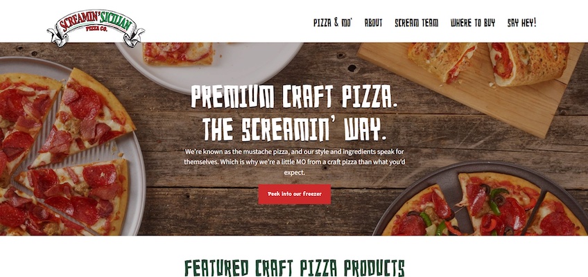 Screamin' Sicilian homepage with a button to "Peek into our freezer."