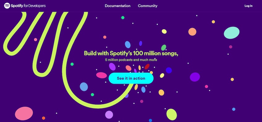 Spotify for Developers homepage with a button to "See it in action."