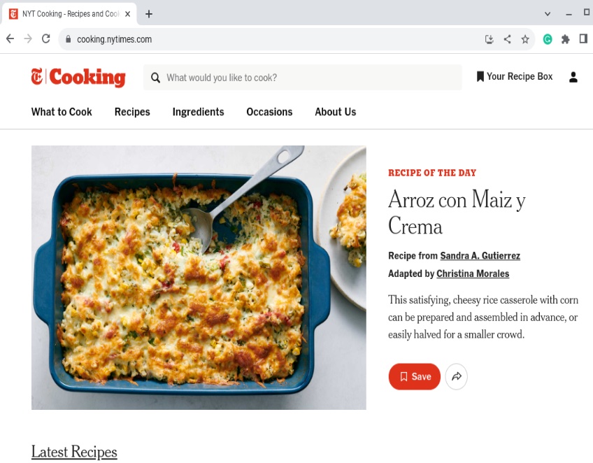 New York Times subdomain for dedicated cooking section with an image of a casserole for the recipe of the day. 