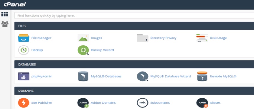 Screenshot of cPanel dashboard.