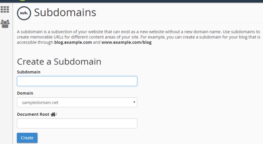Subdomains detail page to add name of subdomain, domain, and document root. 