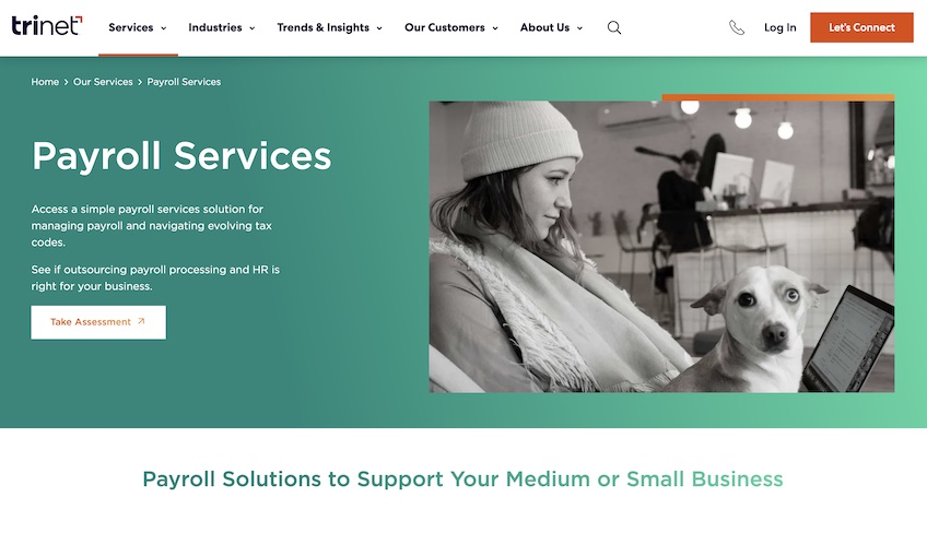 TriNet’s payroll landing page showing a woman wearing a hat on a computer with a dog on her lap. 