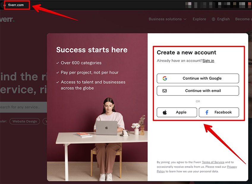 Fiverr's account creation page featuring multiple sign-up options: Google, email, Apple, and Facebook. 