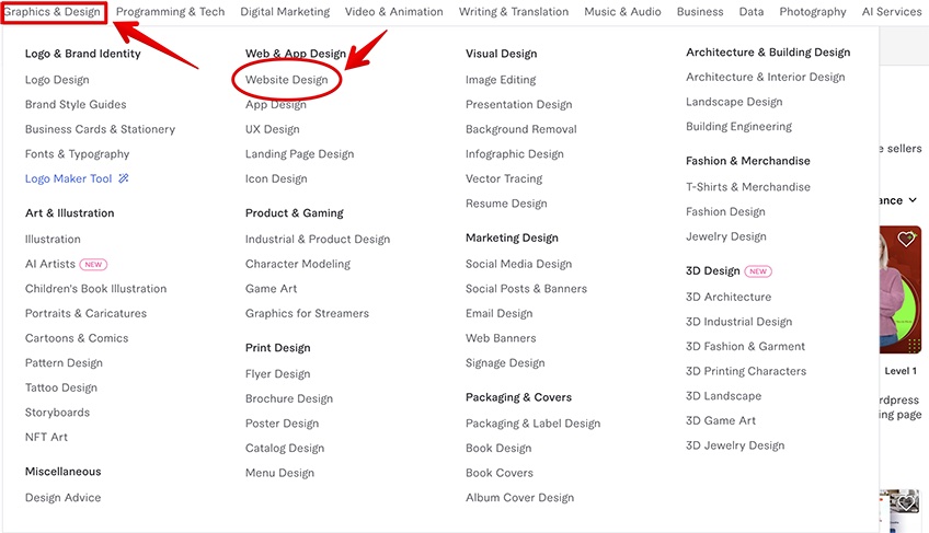 Fiverr dropdown menu featuring options for 'Graphics & Design' and 'Website Design,' with both options circled in red.