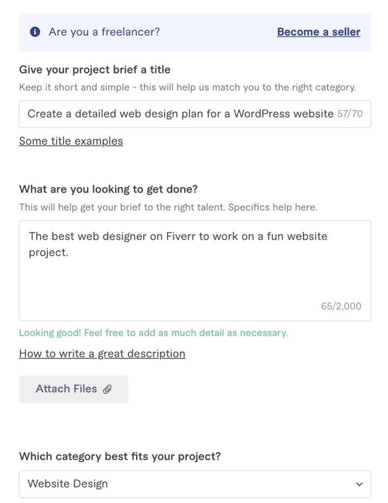 Fiverr project brief form displaying a variety of questions and the option to attach files.